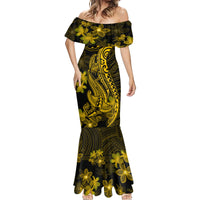 Gold Polynesia Shark Tattoo Mermaid Dress With Polynesian Plumeria - Wonder Print Shop