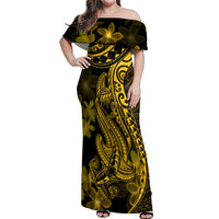 Gold Polynesia Shark Tattoo Off Shoulder Maxi Dress With Polynesian Plumeria - Wonder Print Shop