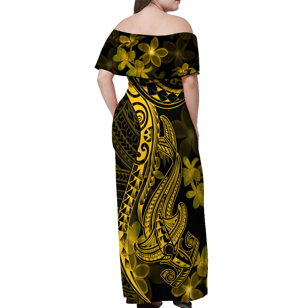 Gold Polynesia Shark Tattoo Off Shoulder Maxi Dress With Polynesian Plumeria - Wonder Print Shop