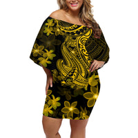 Gold Polynesia Shark Tattoo Off Shoulder Short Dress With Polynesian Plumeria - Wonder Print Shop
