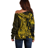 Gold Polynesia Shark Tattoo Off Shoulder Sweater With Polynesian Plumeria - Wonder Print Shop