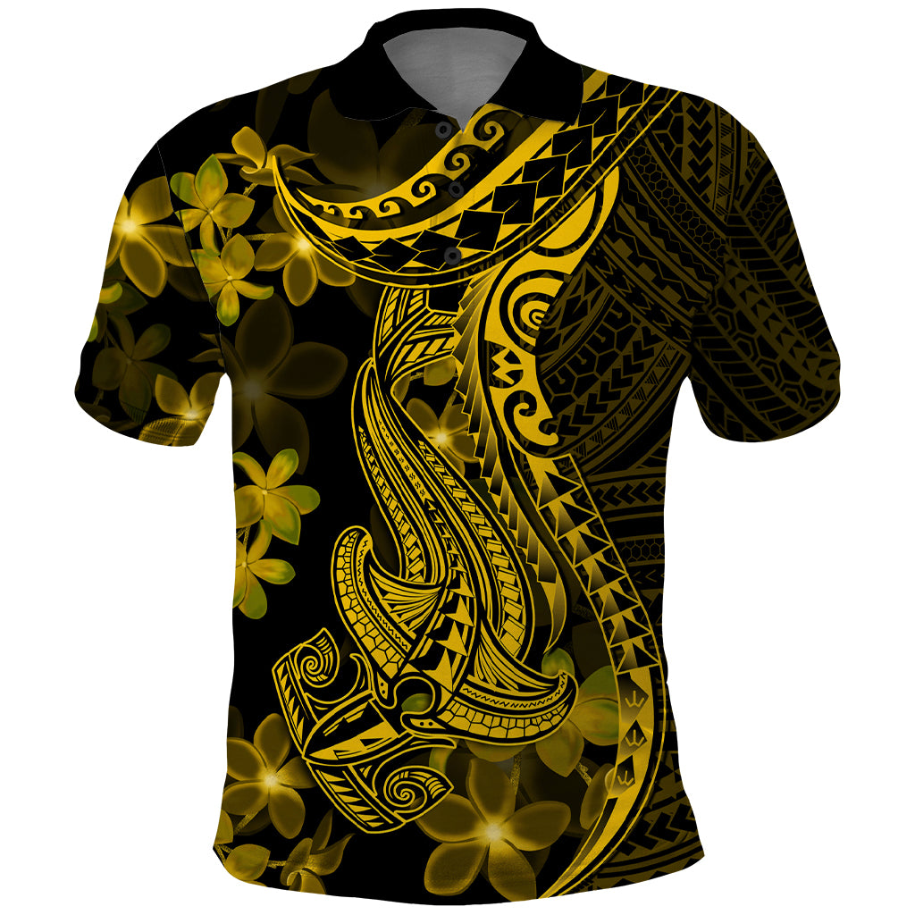 Gold Polynesia Shark Tattoo Polo Shirt With Polynesian Plumeria - Wonder Print Shop