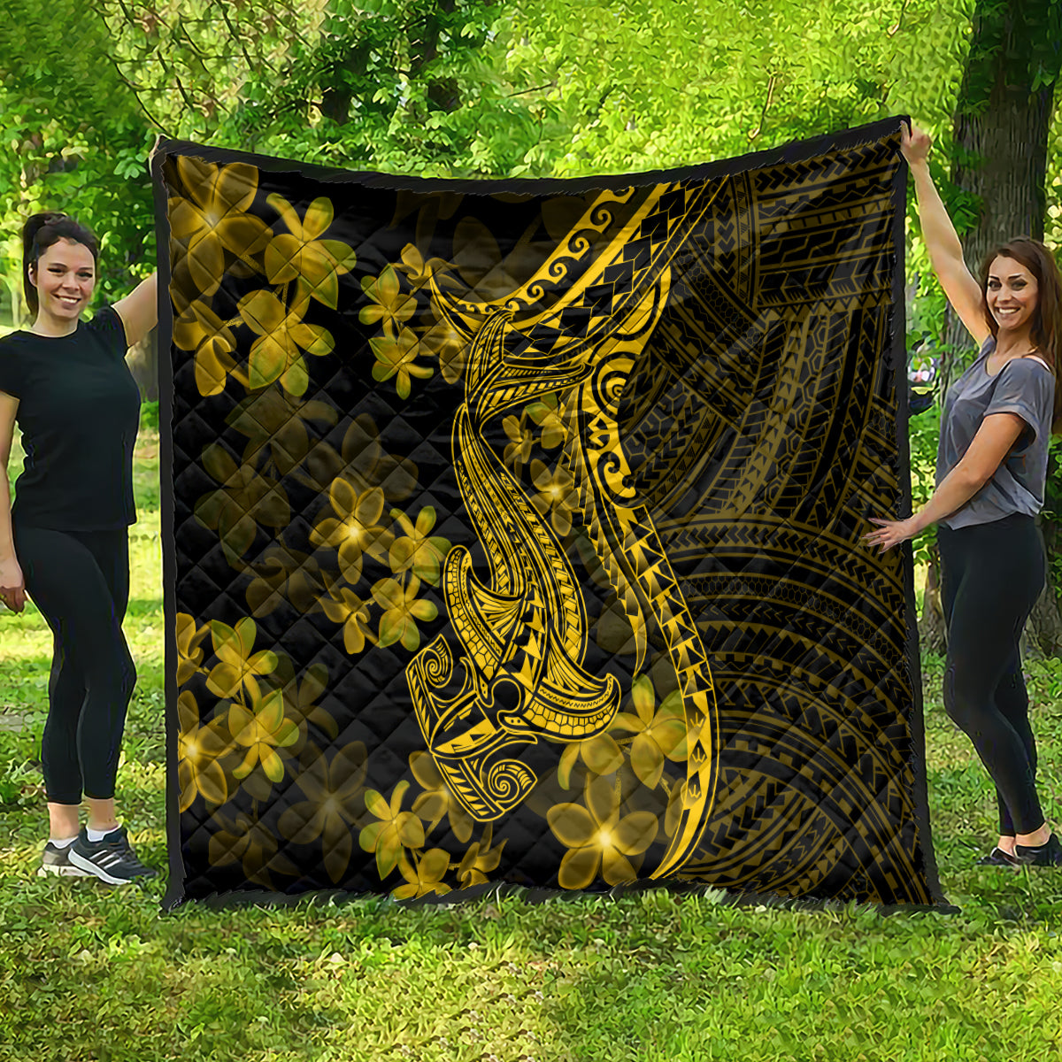 Gold Polynesia Shark Tattoo Quilt With Polynesian Plumeria - Wonder Print Shop