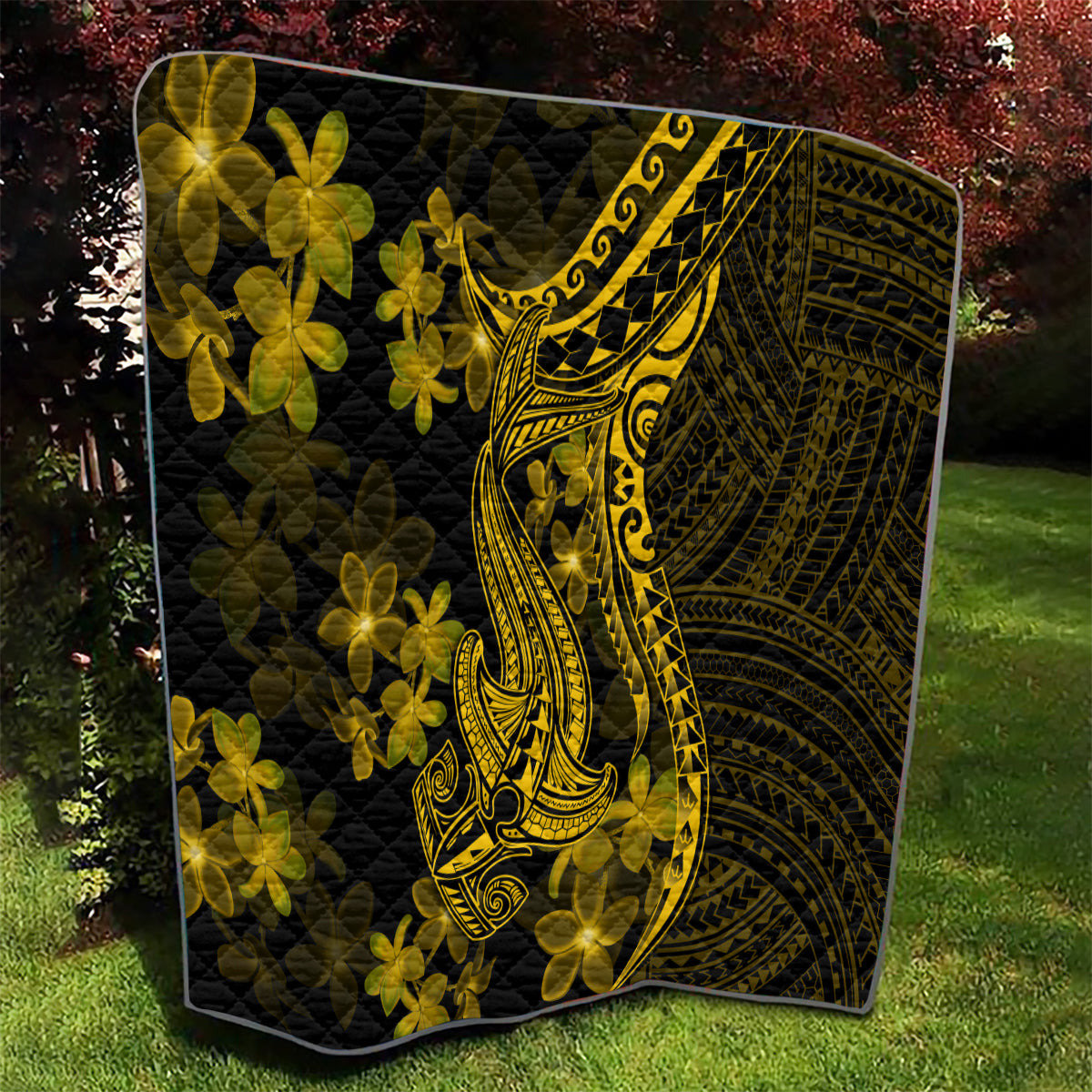 Gold Polynesia Shark Tattoo Quilt With Polynesian Plumeria - Wonder Print Shop