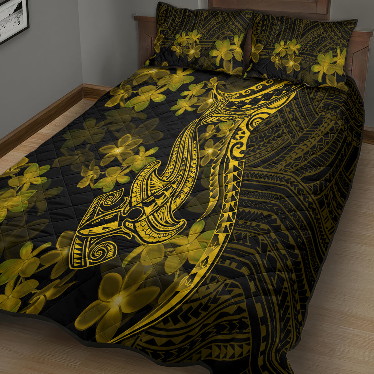 Gold Polynesia Shark Tattoo Quilt Bed Set With Polynesian Plumeria - Wonder Print Shop