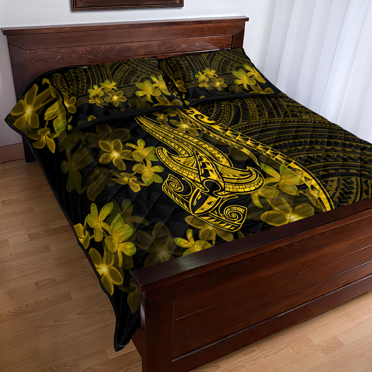 Gold Polynesia Shark Tattoo Quilt Bed Set With Polynesian Plumeria - Wonder Print Shop