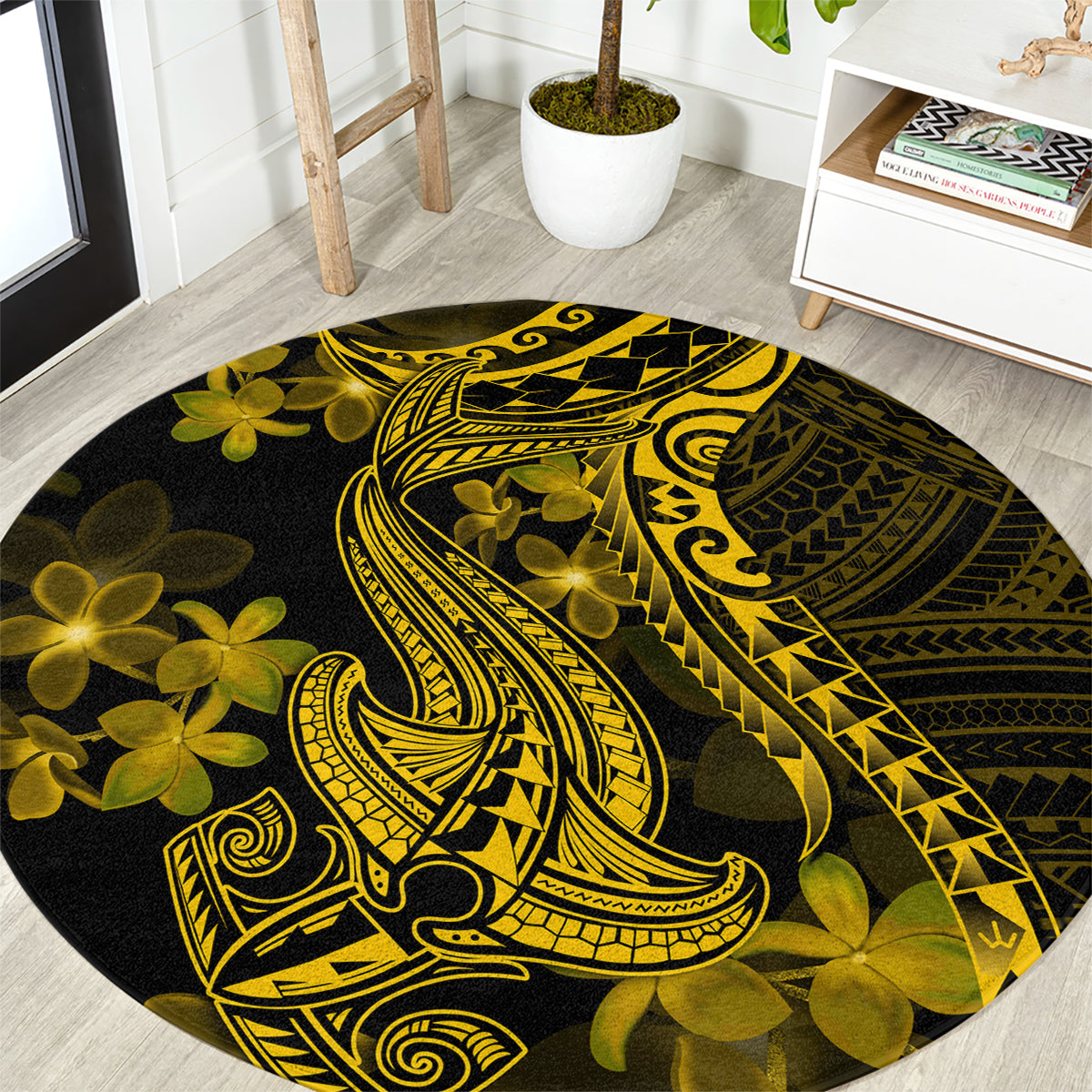 gold-polynesia-shark-tattoo-round-carpet-with-polynesian-plumeria