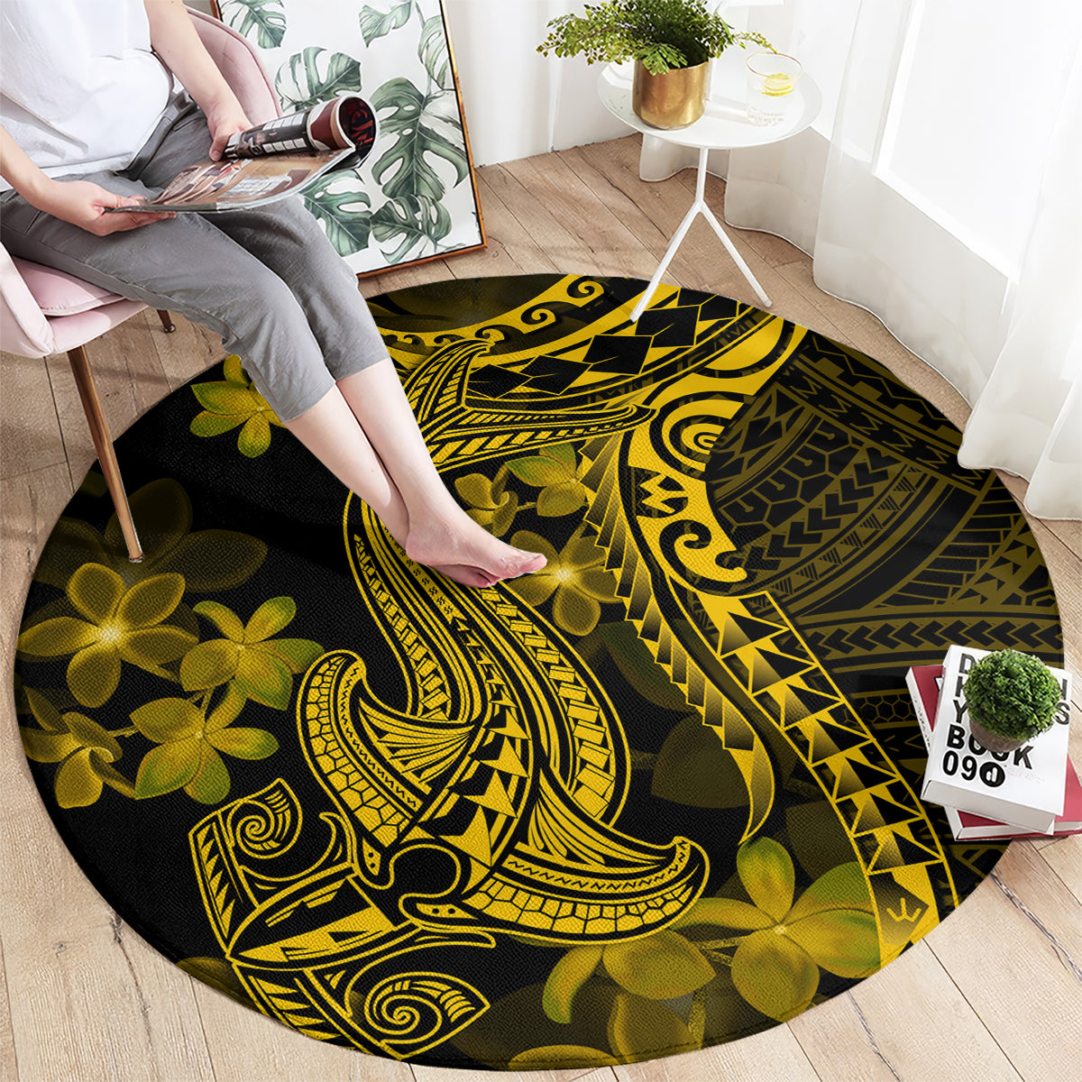 gold-polynesia-shark-tattoo-round-carpet-with-polynesian-plumeria