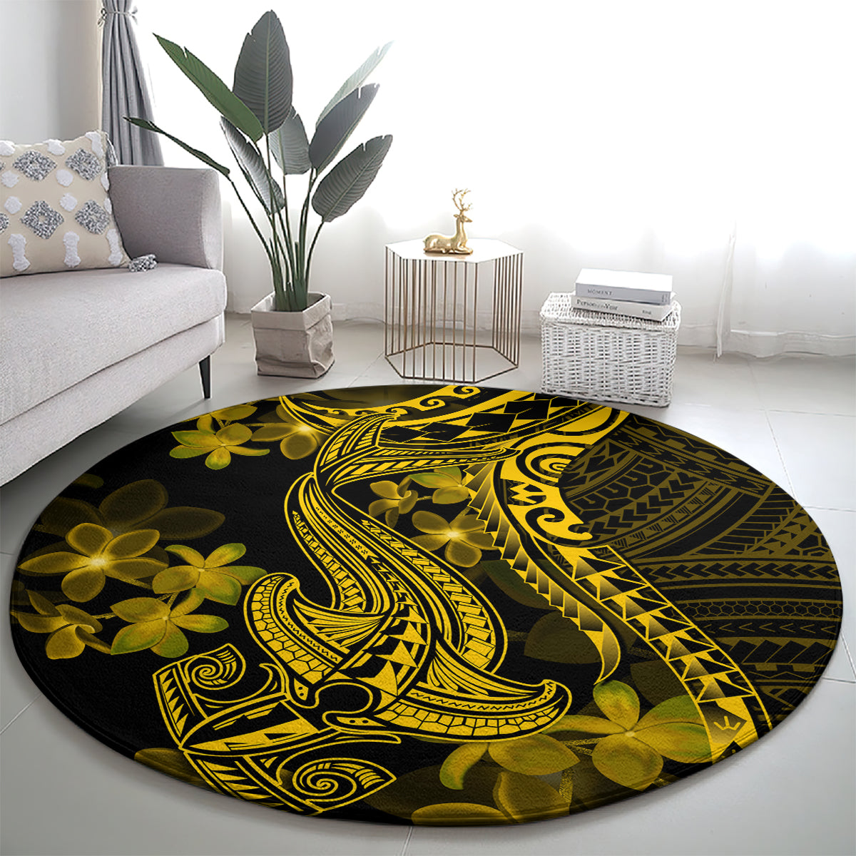 gold-polynesia-shark-tattoo-round-carpet-with-polynesian-plumeria