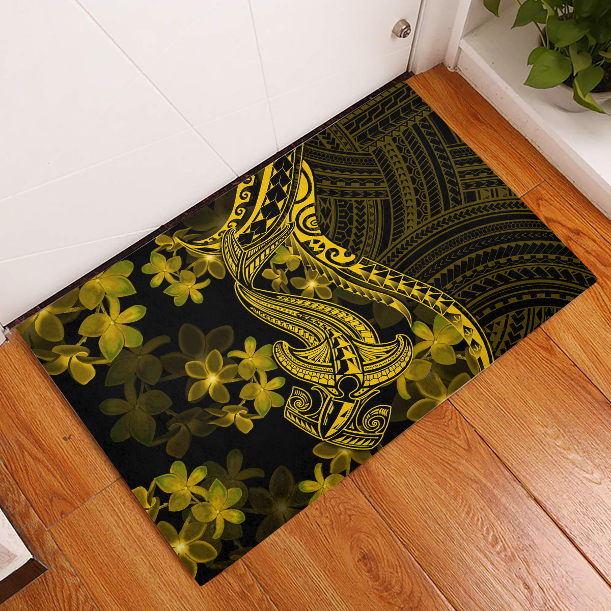 Gold Polynesia Shark Tattoo Rubber Doormat With Polynesian Plumeria - Wonder Print Shop