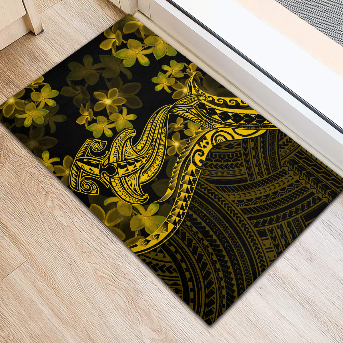 Gold Polynesia Shark Tattoo Rubber Doormat With Polynesian Plumeria - Wonder Print Shop