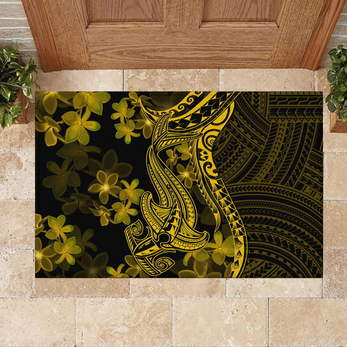 Gold Polynesia Shark Tattoo Rubber Doormat With Polynesian Plumeria - Wonder Print Shop