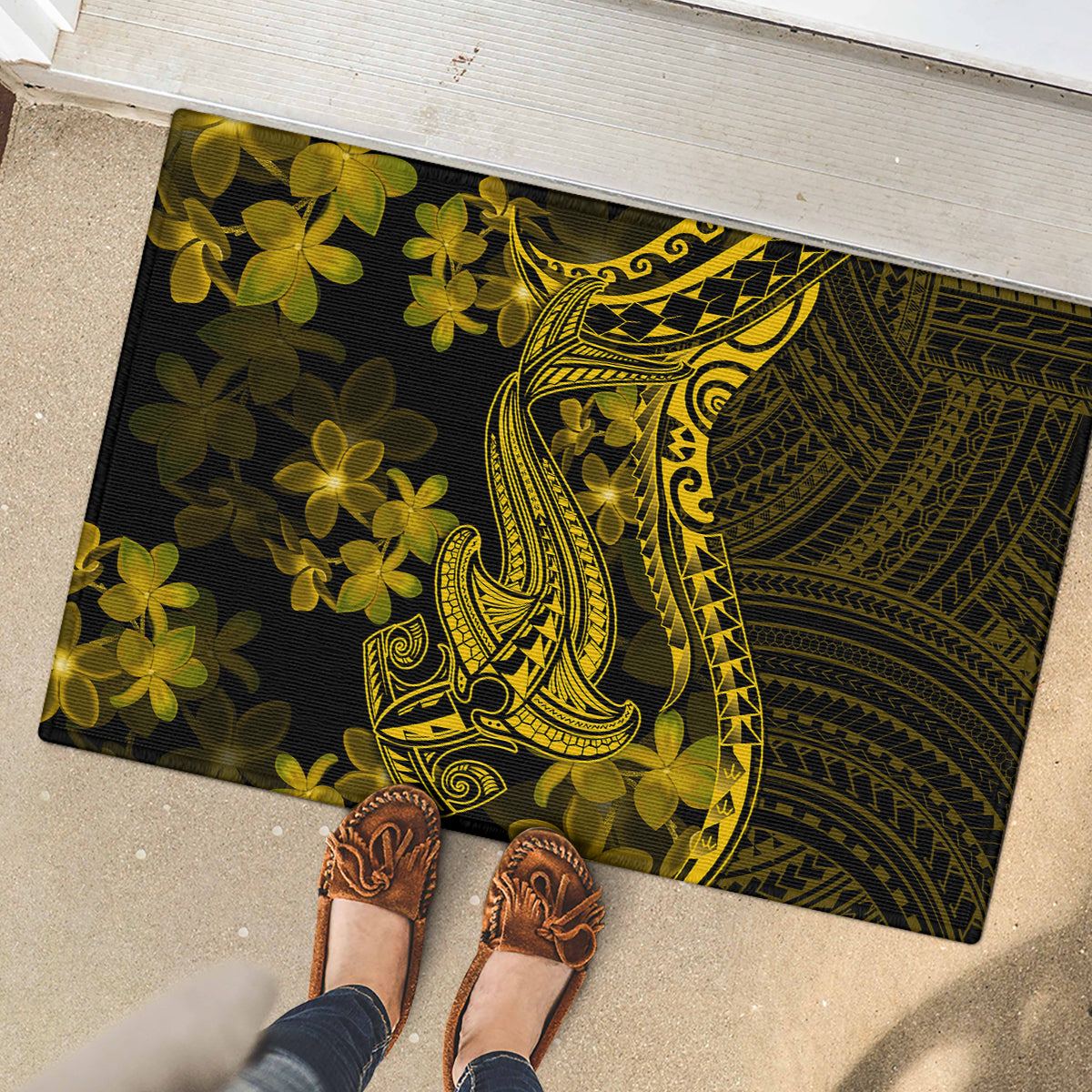 Gold Polynesia Shark Tattoo Rubber Doormat With Polynesian Plumeria - Wonder Print Shop