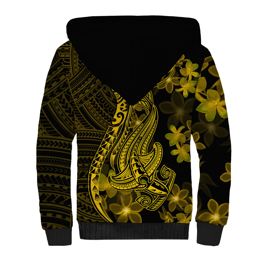 Gold Polynesia Shark Tattoo Sherpa Hoodie With Polynesian Plumeria - Wonder Print Shop