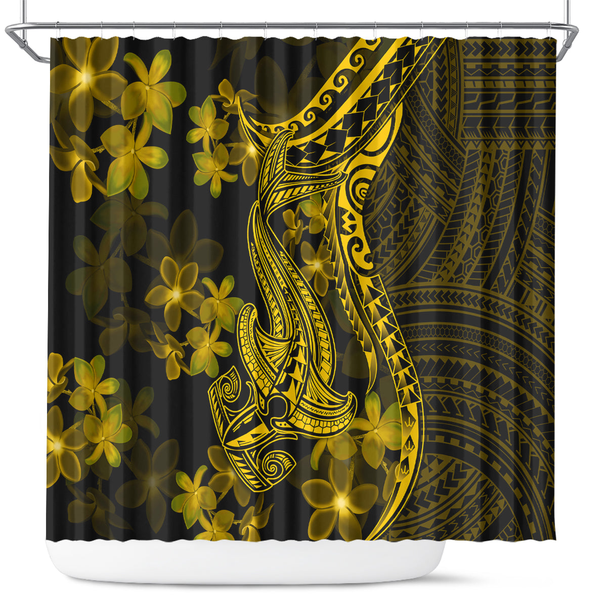 gold-polynesia-shark-tattoo-shower-curtain-with-polynesian-plumeria