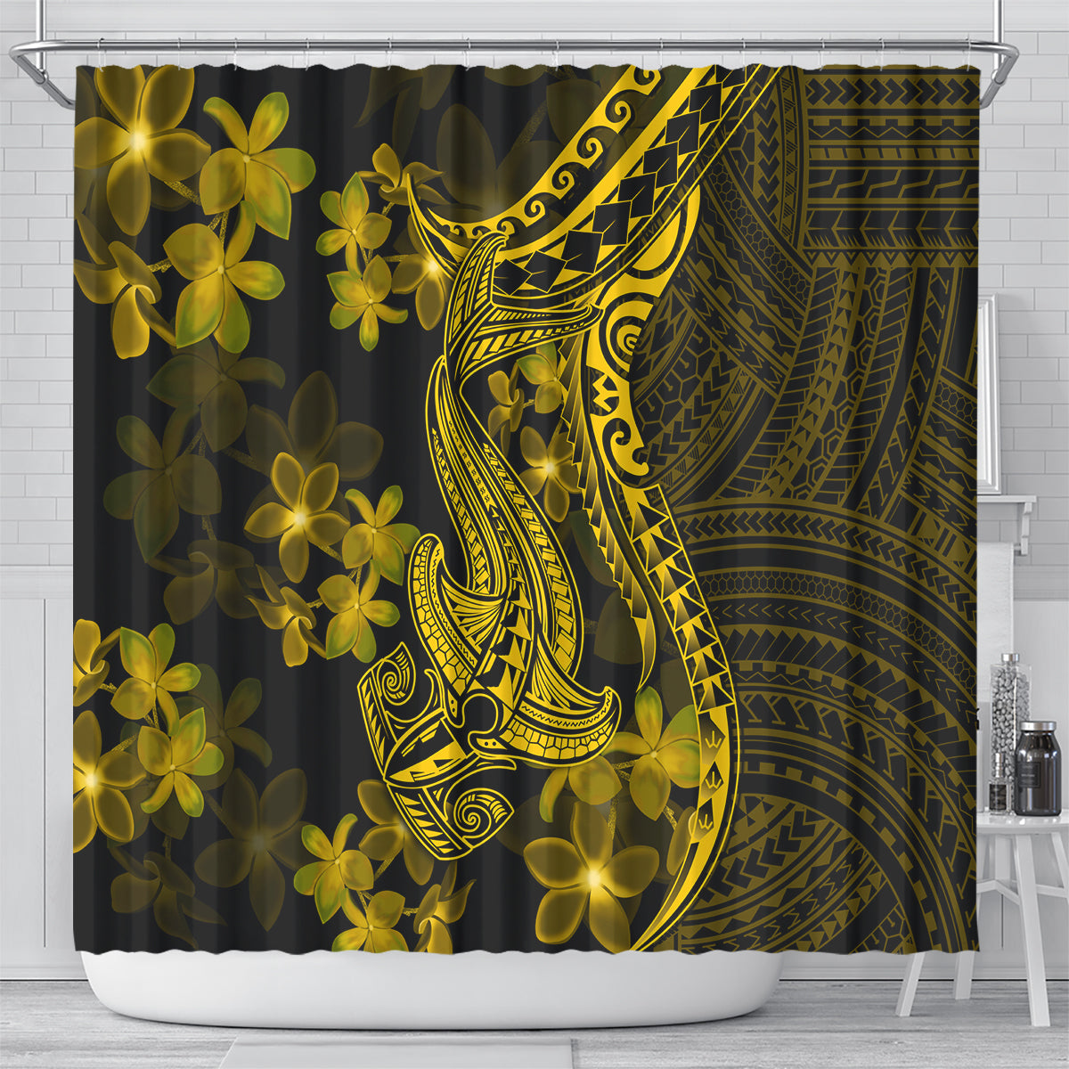 gold-polynesia-shark-tattoo-shower-curtain-with-polynesian-plumeria