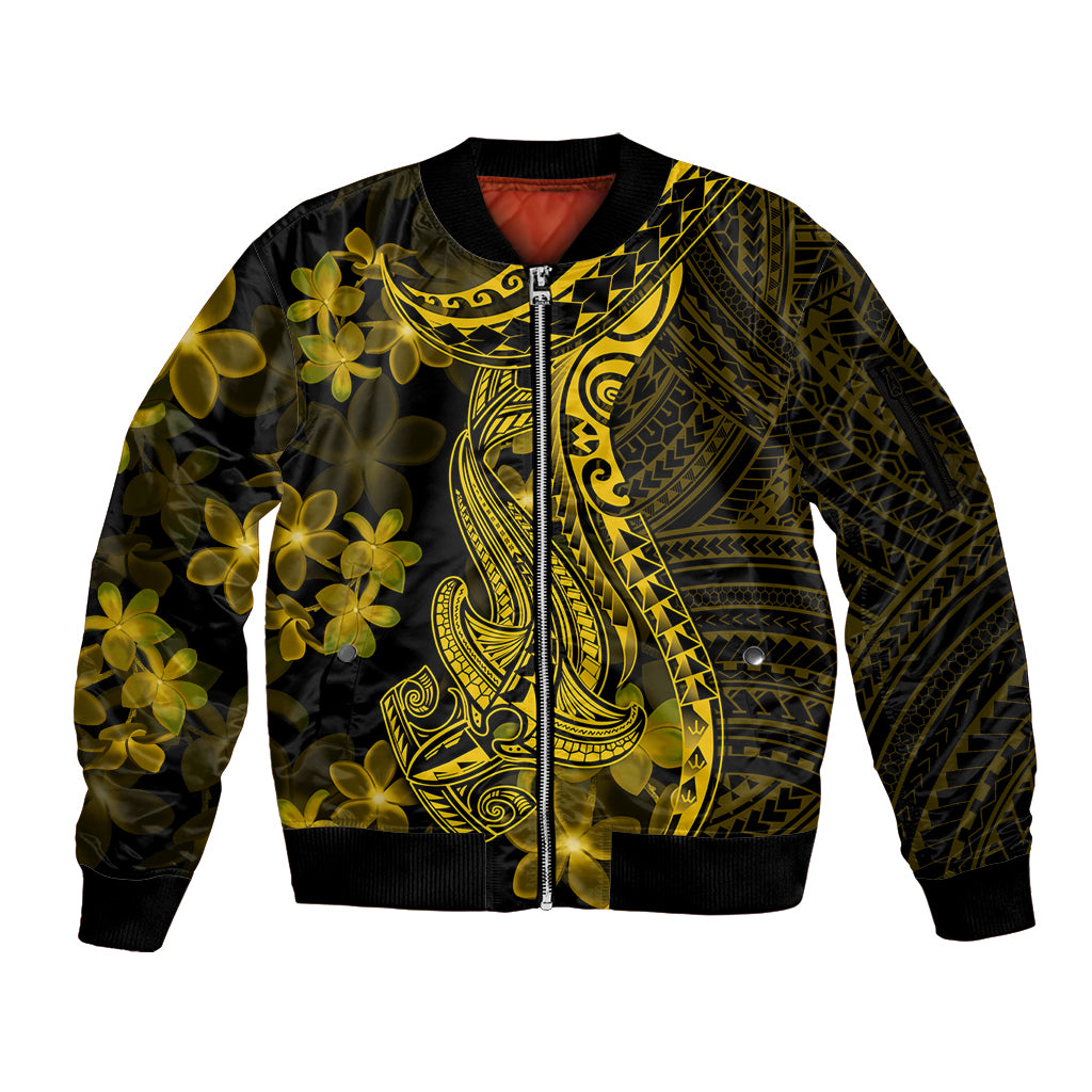 Gold Polynesia Shark Tattoo Sleeve Zip Bomber Jacket With Polynesian Plumeria - Wonder Print Shop
