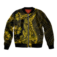 Gold Polynesia Shark Tattoo Sleeve Zip Bomber Jacket With Polynesian Plumeria - Wonder Print Shop