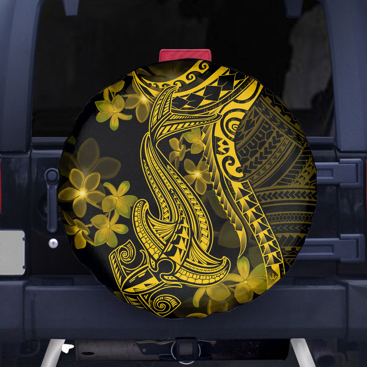 Gold Polynesia Shark Tattoo Spare Tire Cover With Polynesian Plumeria - Wonder Print Shop