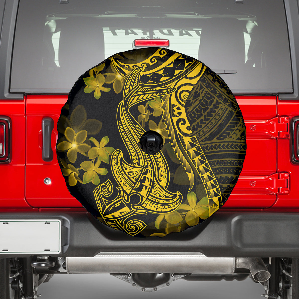 Gold Polynesia Shark Tattoo Spare Tire Cover With Polynesian Plumeria - Wonder Print Shop