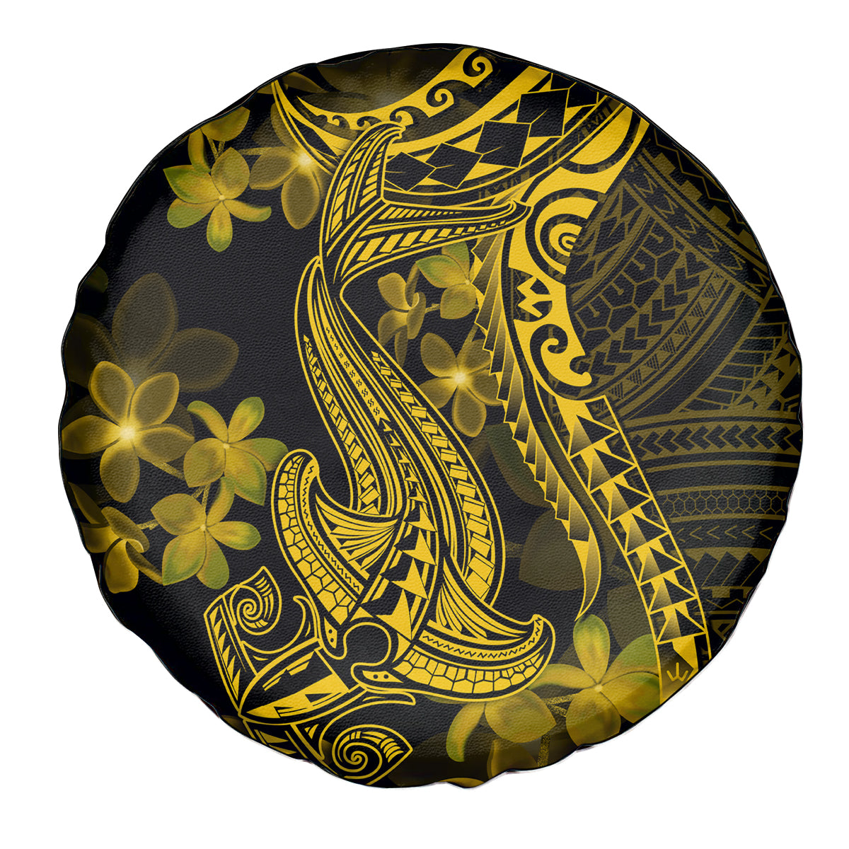 Gold Polynesia Shark Tattoo Spare Tire Cover With Polynesian Plumeria - Wonder Print Shop