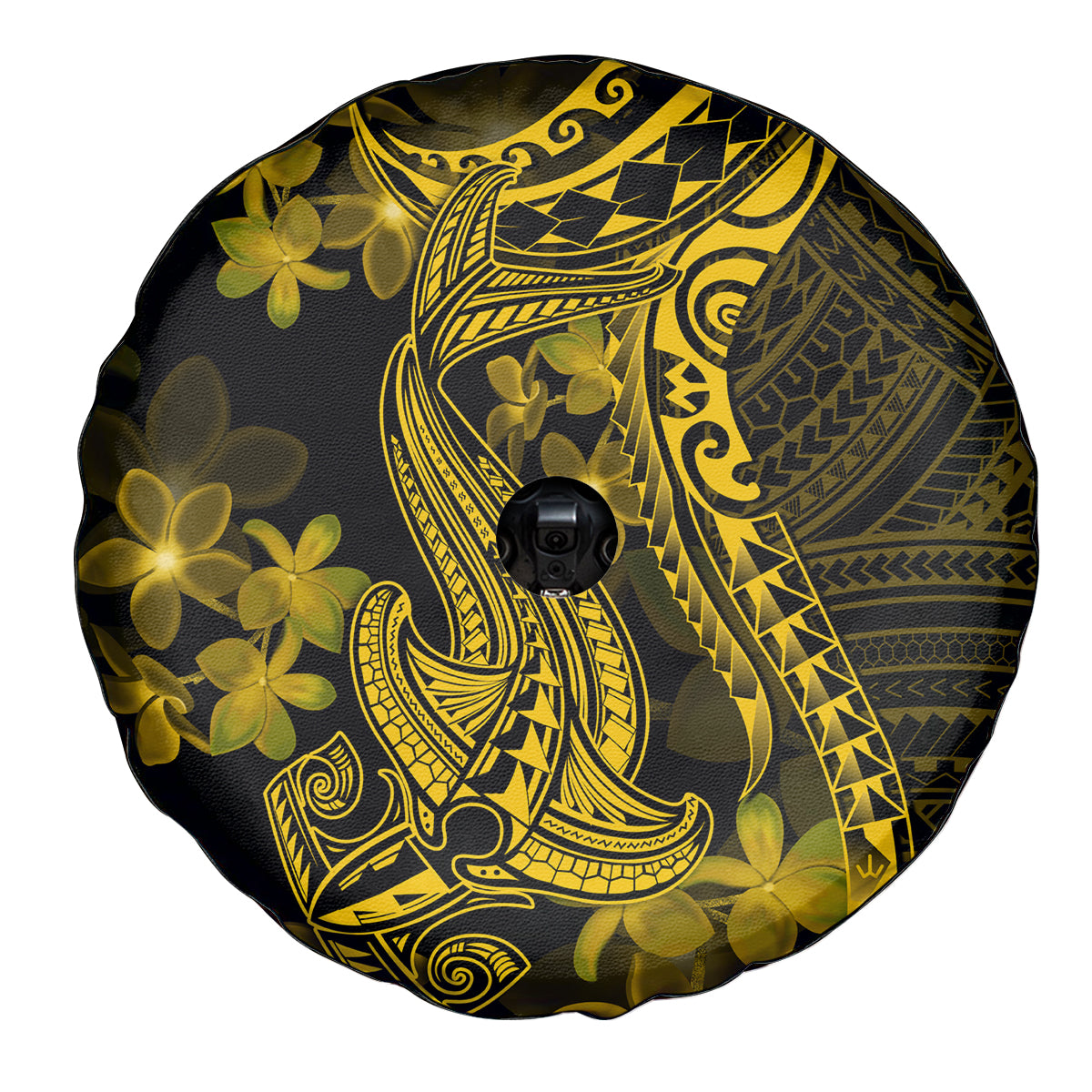 Gold Polynesia Shark Tattoo Spare Tire Cover With Polynesian Plumeria - Wonder Print Shop