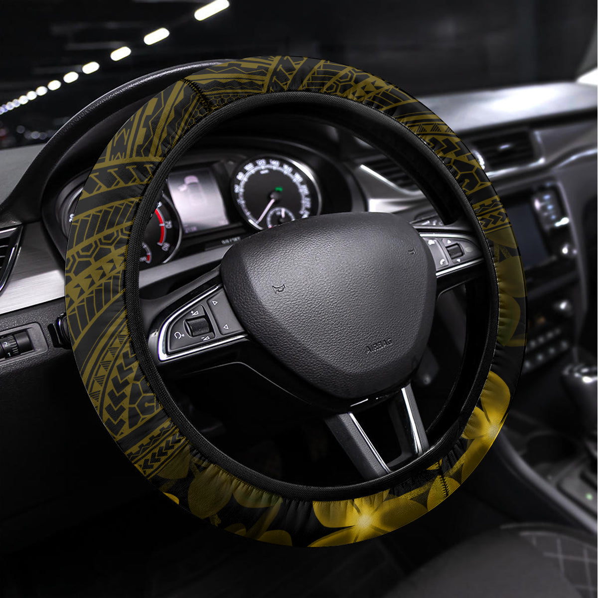 Gold Polynesia Shark Tattoo Steering Wheel Cover With Polynesian Plumeria - Wonder Print Shop