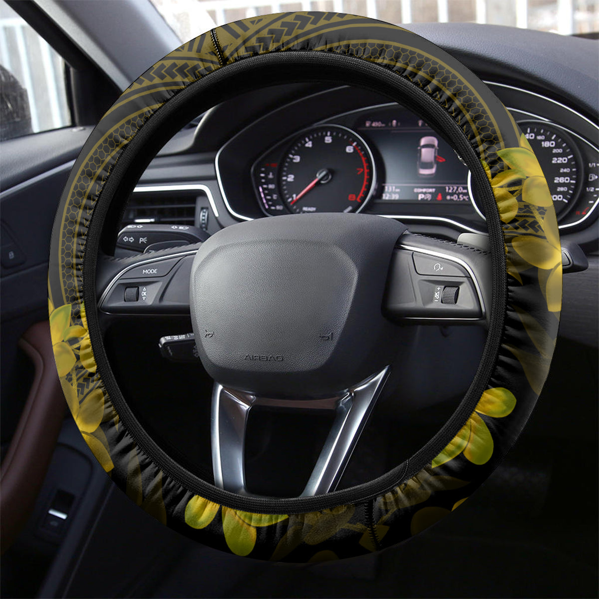 Gold Polynesia Shark Tattoo Steering Wheel Cover With Polynesian Plumeria - Wonder Print Shop