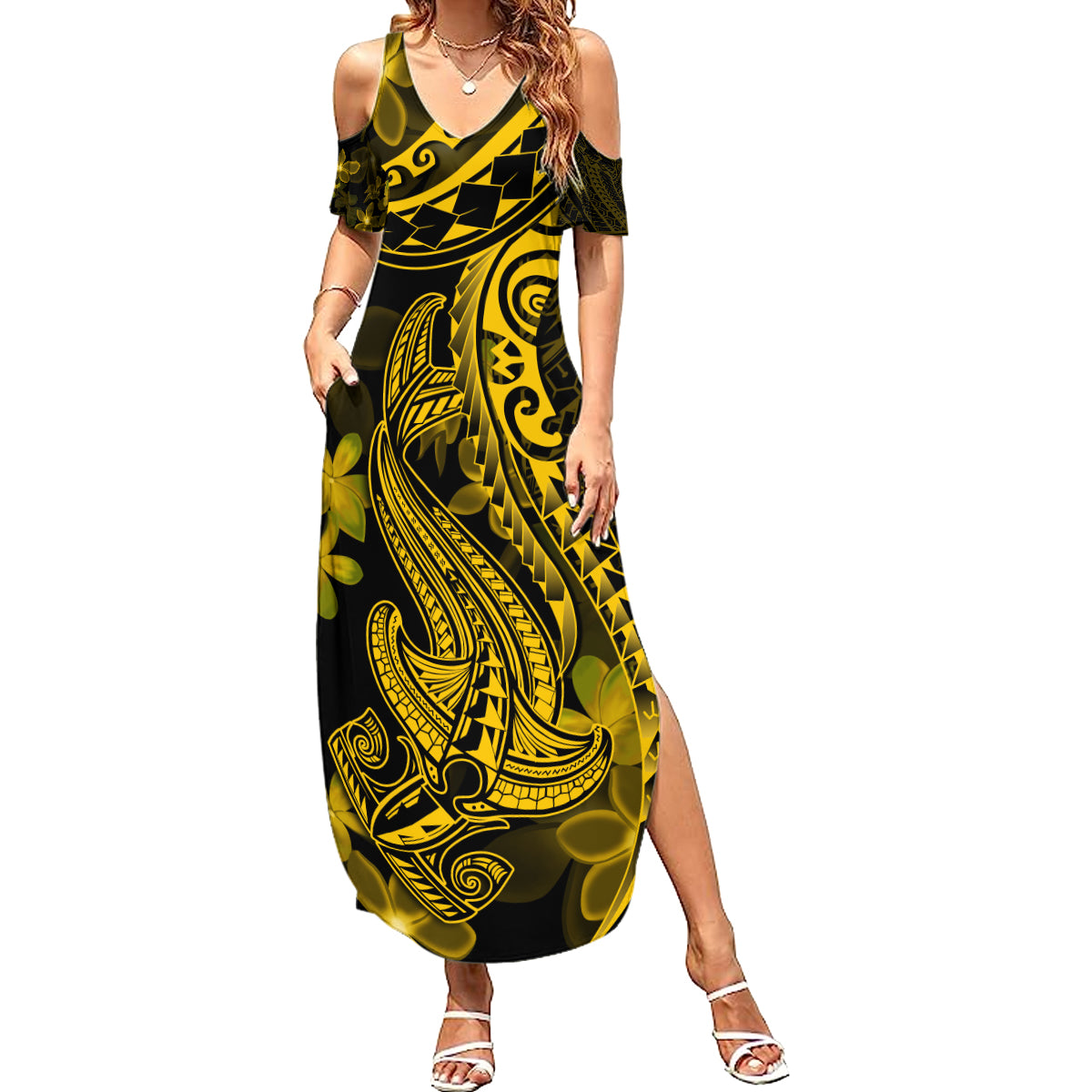 Gold Polynesia Shark Tattoo Summer Maxi Dress With Polynesian Plumeria - Wonder Print Shop