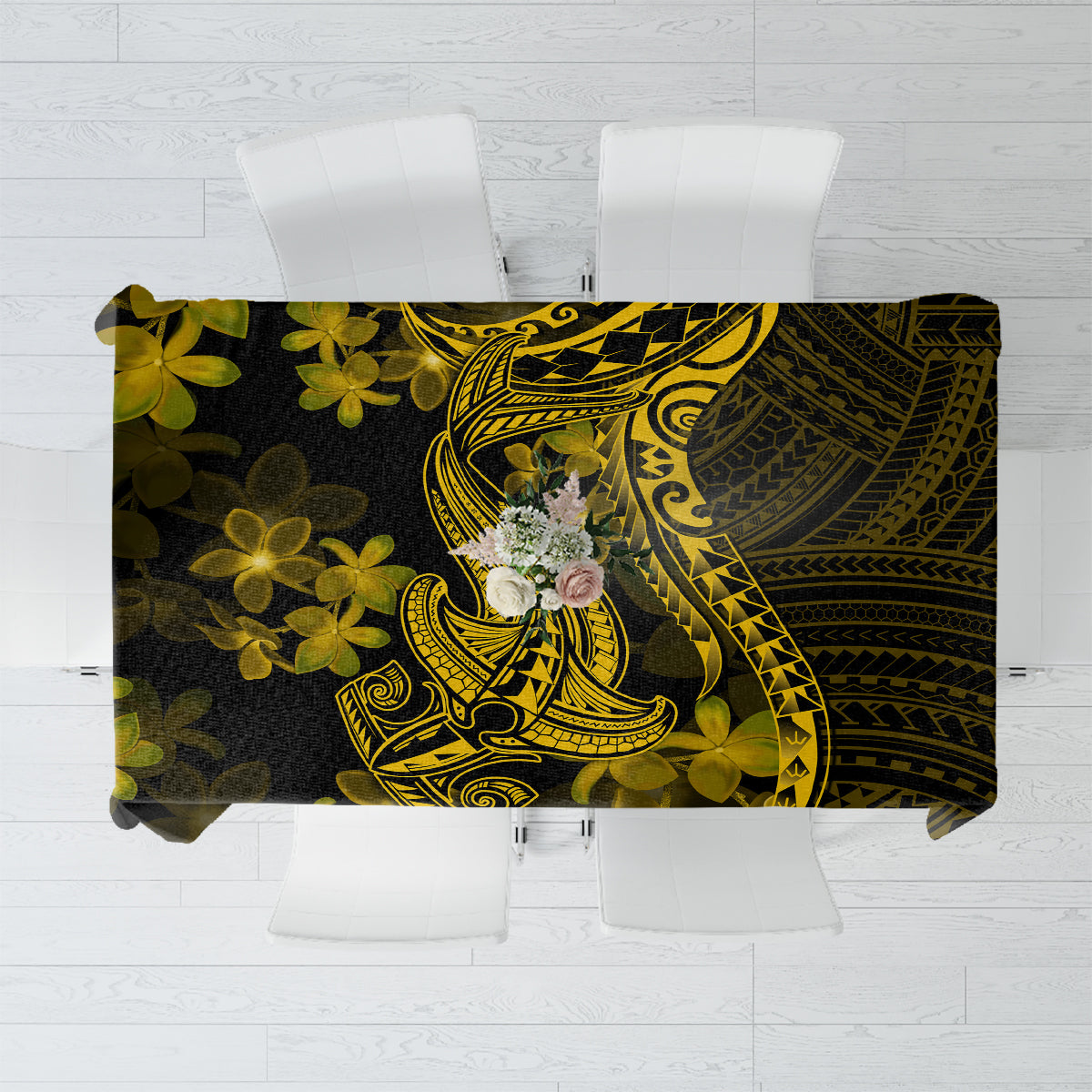 Gold Polynesia Shark Tattoo Tablecloth With Polynesian Plumeria - Wonder Print Shop