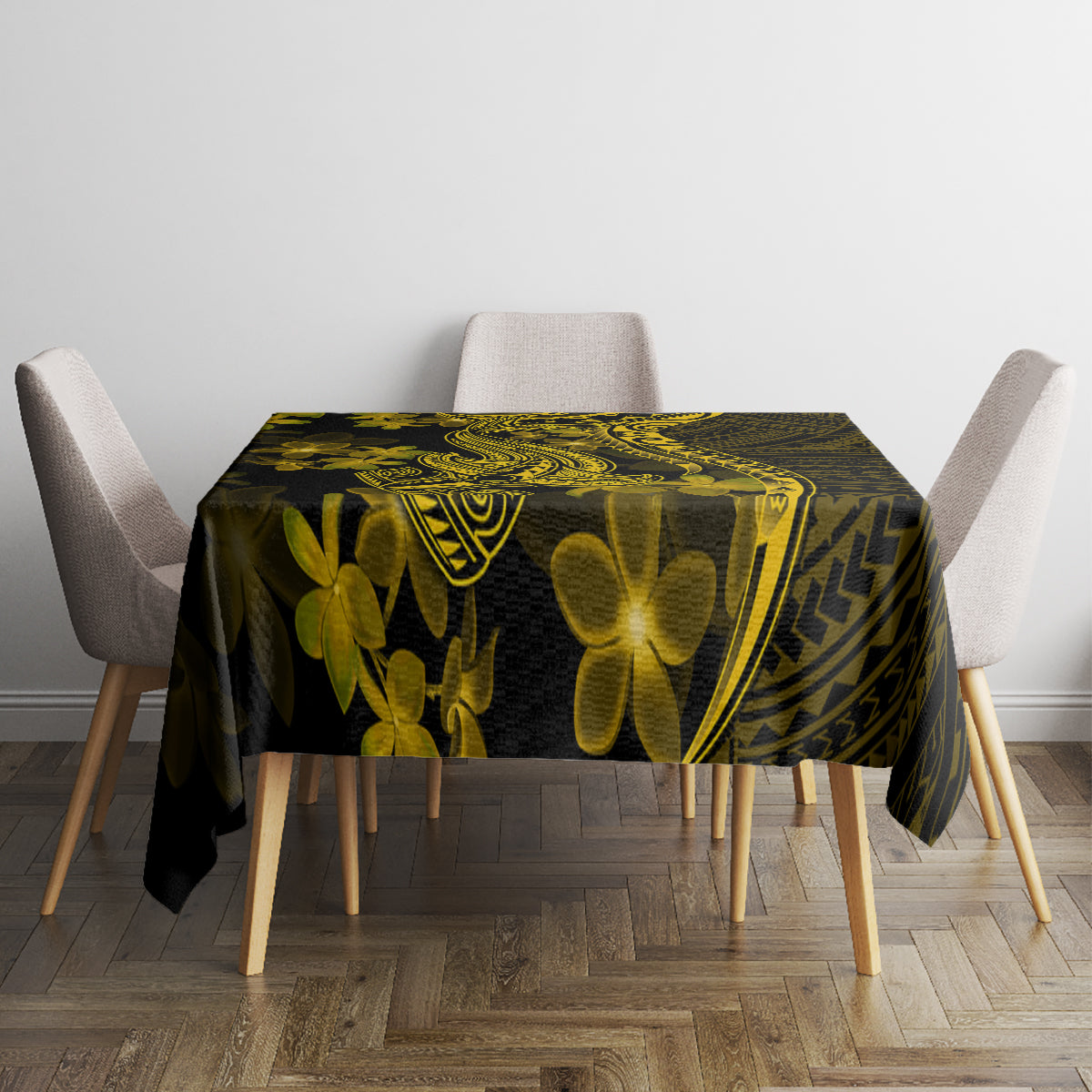 Gold Polynesia Shark Tattoo Tablecloth With Polynesian Plumeria - Wonder Print Shop