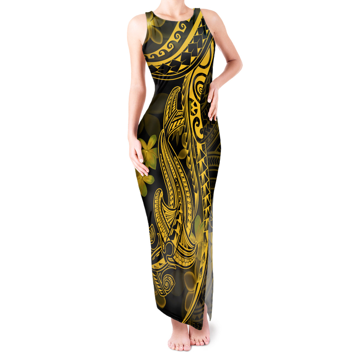 Gold Polynesia Shark Tattoo Tank Maxi Dress With Polynesian Plumeria - Wonder Print Shop