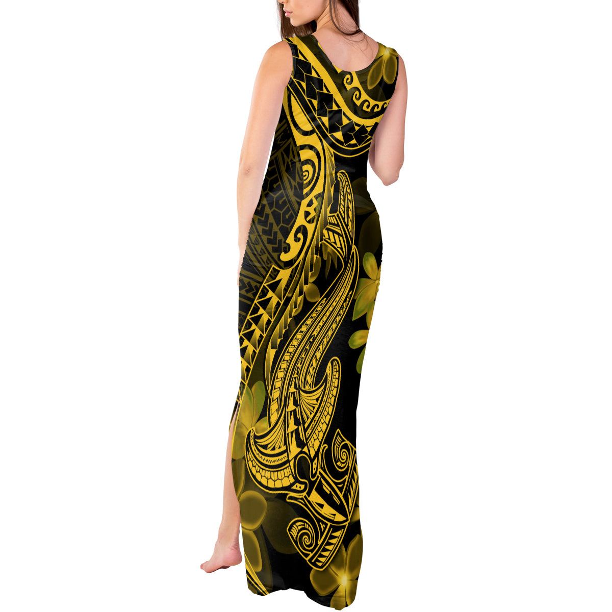 Gold Polynesia Shark Tattoo Tank Maxi Dress With Polynesian Plumeria - Wonder Print Shop