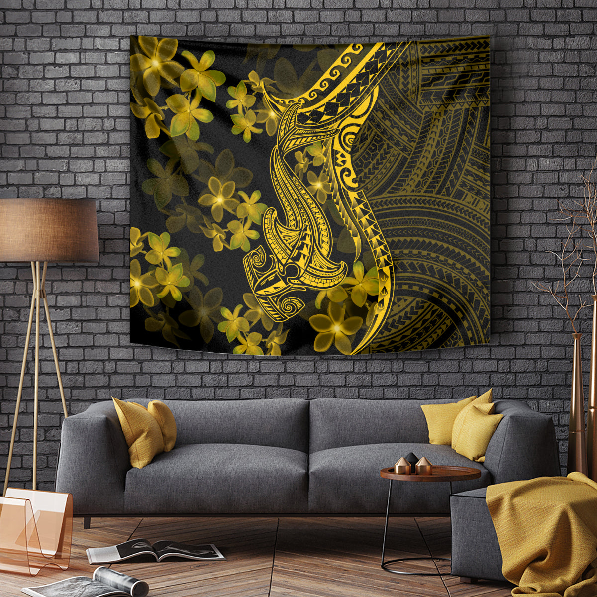 Gold Polynesia Shark Tattoo Tapestry With Polynesian Plumeria - Wonder Print Shop