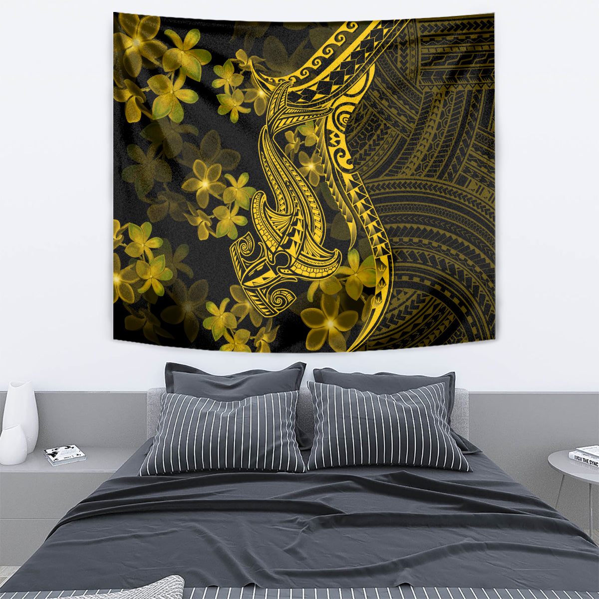 Gold Polynesia Shark Tattoo Tapestry With Polynesian Plumeria - Wonder Print Shop