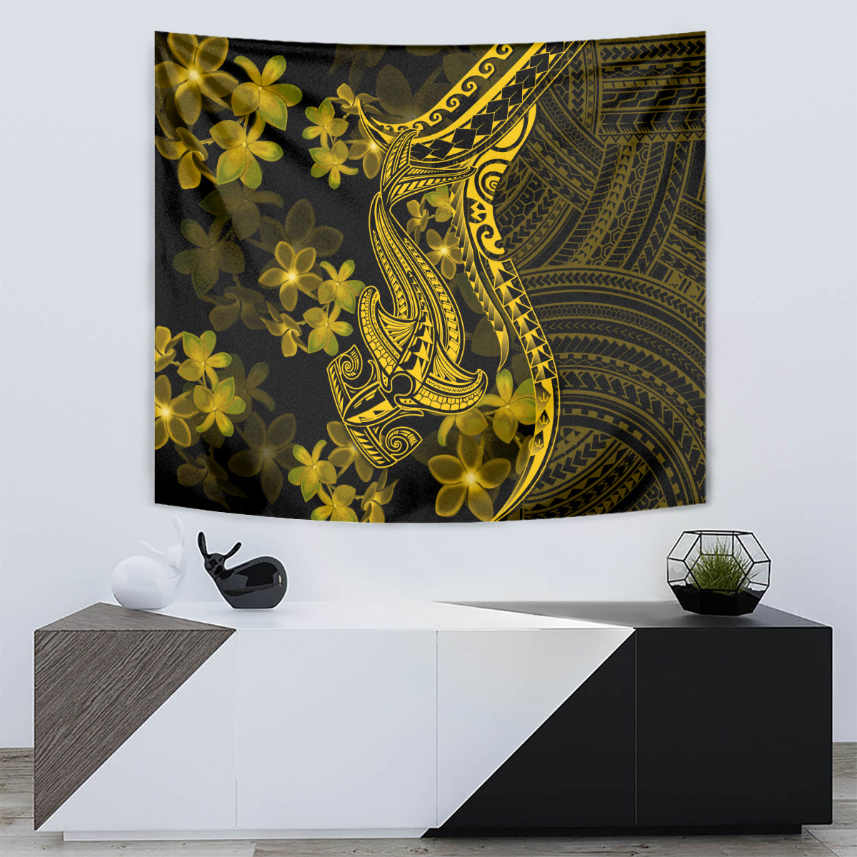 Gold Polynesia Shark Tattoo Tapestry With Polynesian Plumeria - Wonder Print Shop