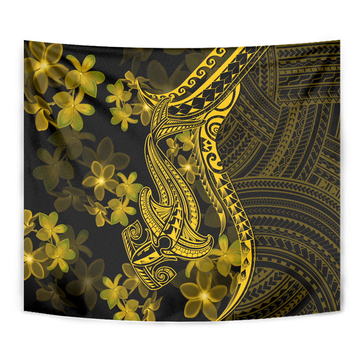 Gold Polynesia Shark Tattoo Tapestry With Polynesian Plumeria - Wonder Print Shop