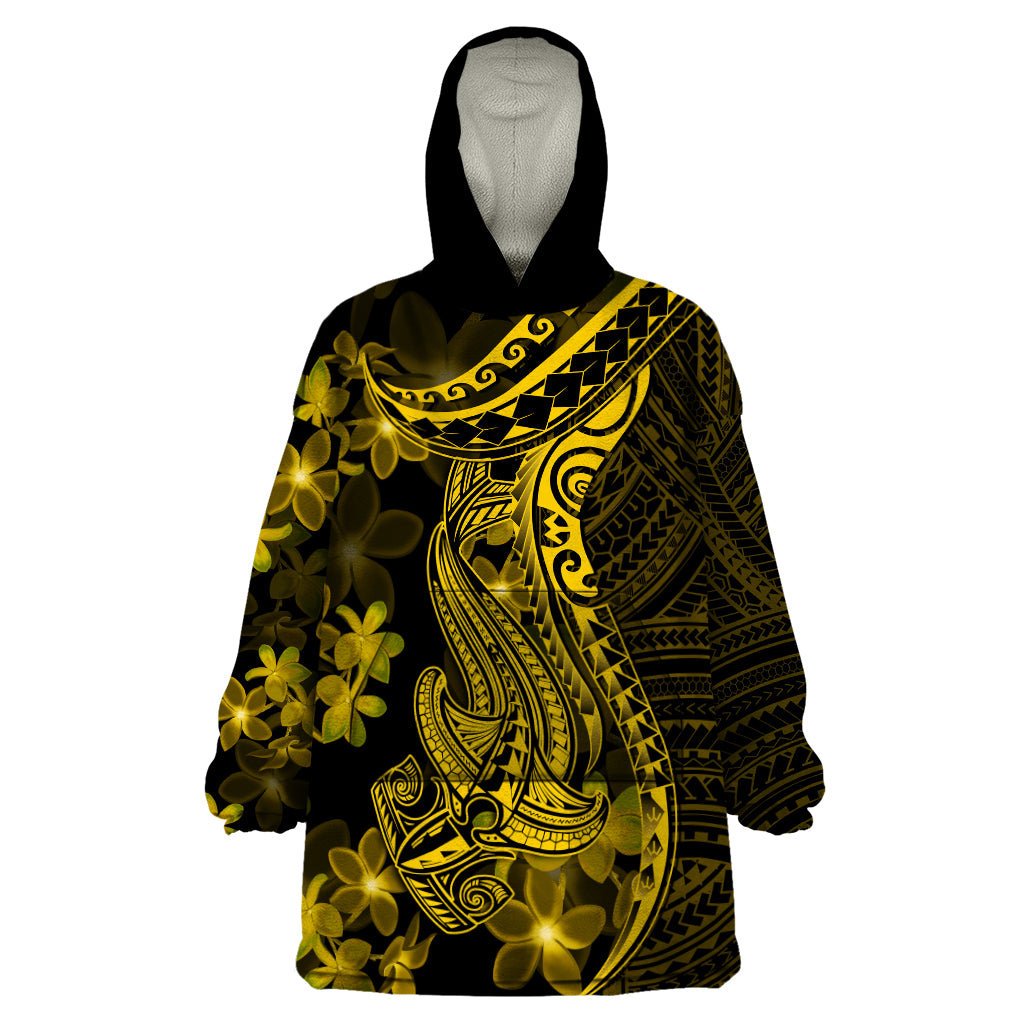 Gold Polynesia Shark Tattoo Wearable Blanket Hoodie With Polynesian Plumeria - Wonder Print Shop