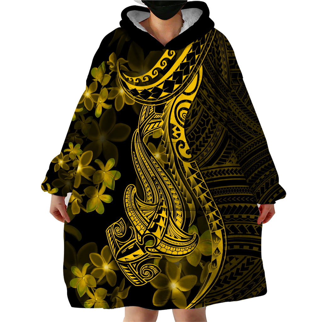 Gold Polynesia Shark Tattoo Wearable Blanket Hoodie With Polynesian Plumeria - Wonder Print Shop