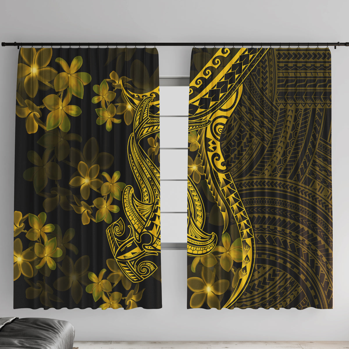 Gold Polynesia Shark Tattoo Window Curtain With Polynesian Plumeria - Wonder Print Shop