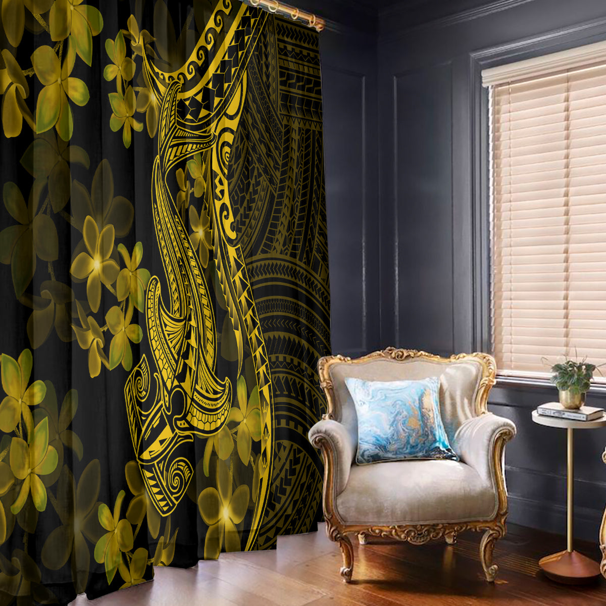 Gold Polynesia Shark Tattoo Window Curtain With Polynesian Plumeria - Wonder Print Shop
