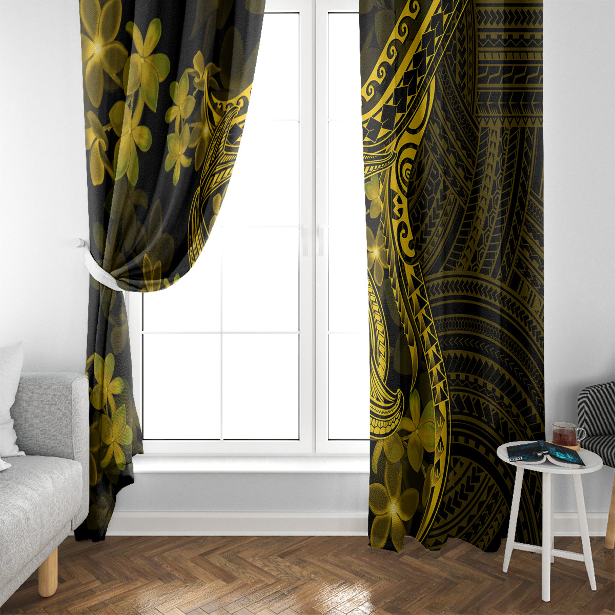 Gold Polynesia Shark Tattoo Window Curtain With Polynesian Plumeria - Wonder Print Shop