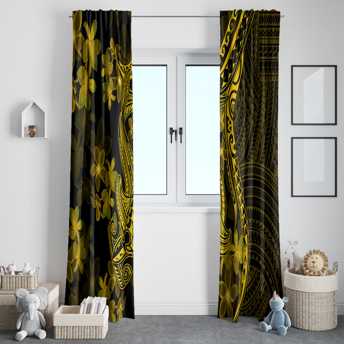 Gold Polynesia Shark Tattoo Window Curtain With Polynesian Plumeria - Wonder Print Shop