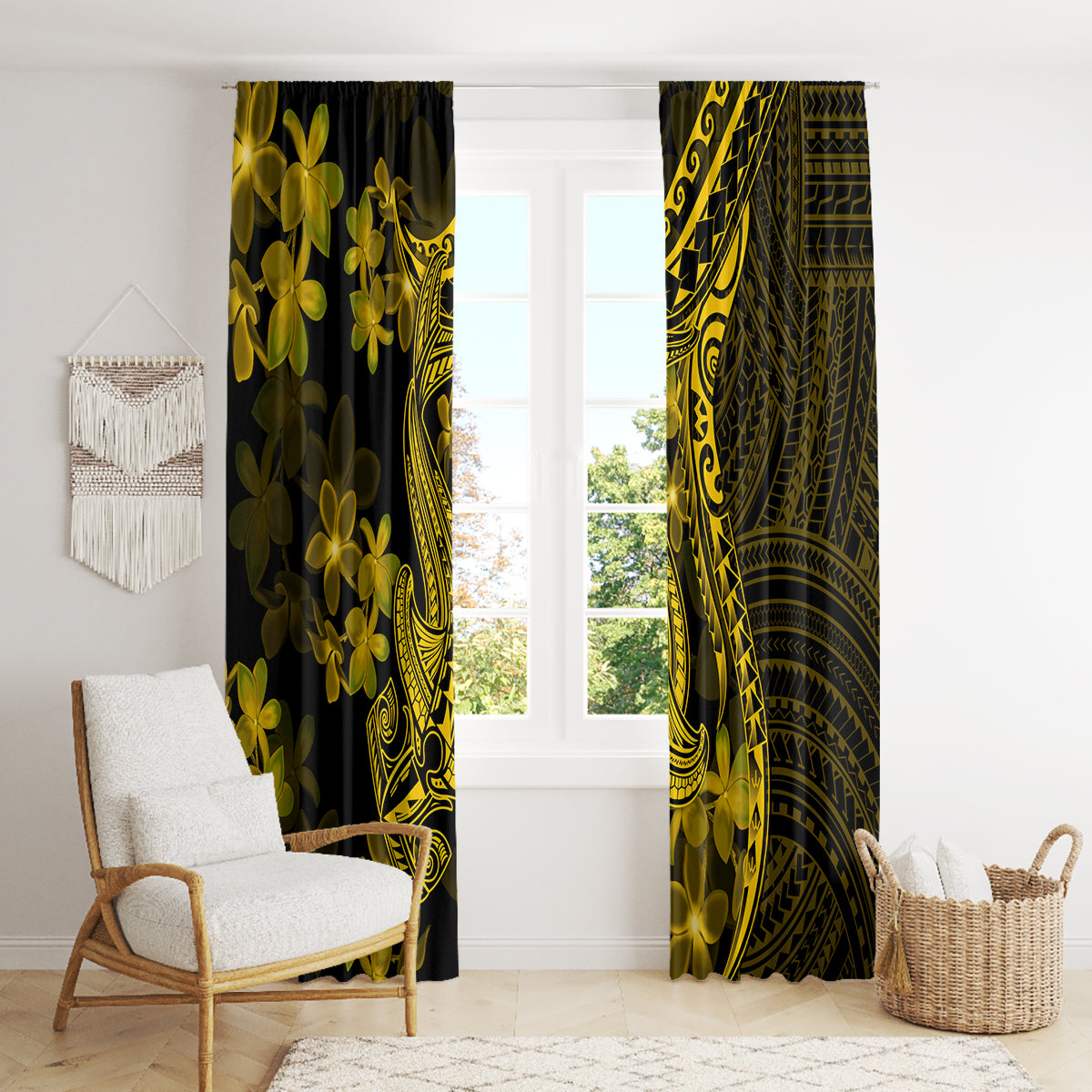 Gold Polynesia Shark Tattoo Window Curtain With Polynesian Plumeria - Wonder Print Shop