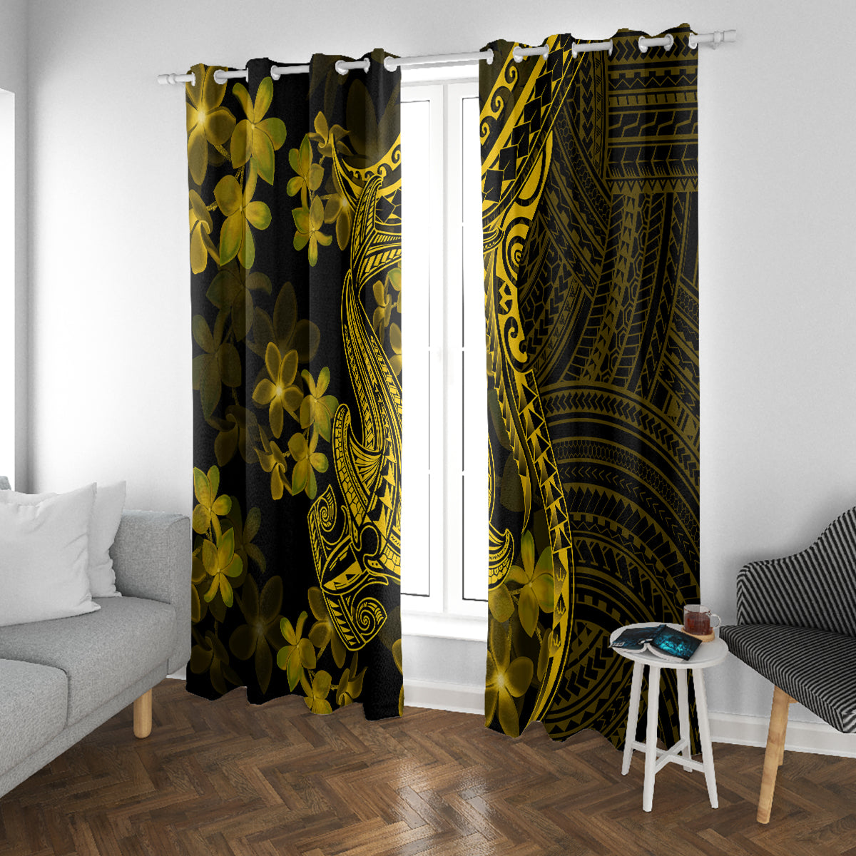 Gold Polynesia Shark Tattoo Window Curtain With Polynesian Plumeria - Wonder Print Shop