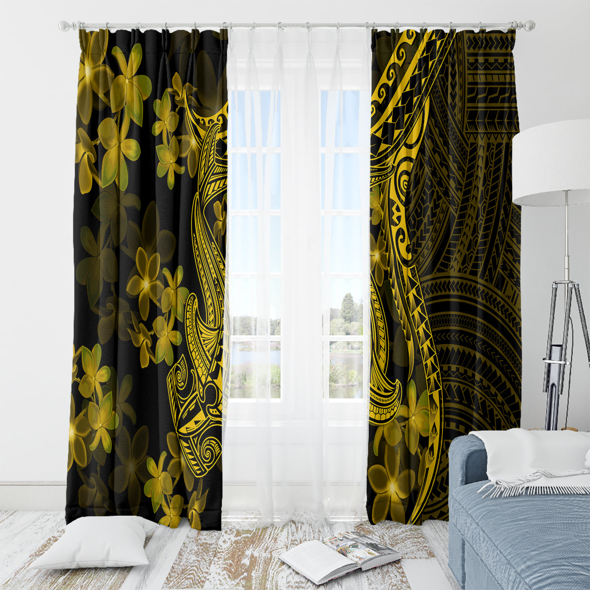 Gold Polynesia Shark Tattoo Window Curtain With Polynesian Plumeria - Wonder Print Shop