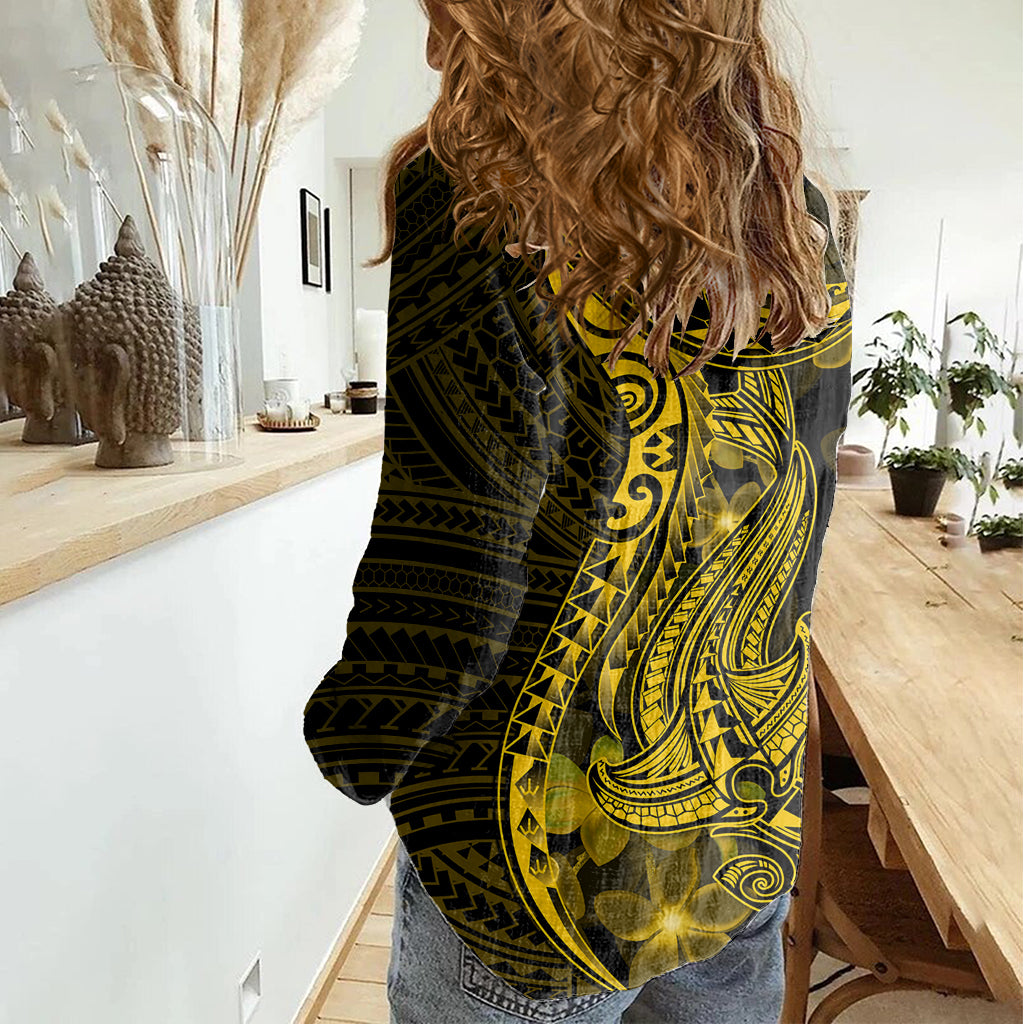 Gold Polynesia Shark Tattoo Women Casual Shirt With Polynesian Plumeria - Wonder Print Shop
