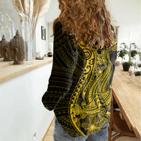 Gold Polynesia Shark Tattoo Women Casual Shirt With Polynesian Plumeria - Wonder Print Shop