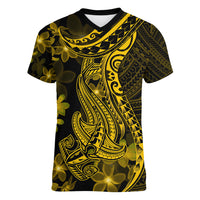 Gold Polynesia Shark Tattoo Women V Neck T Shirt With Polynesian Plumeria - Wonder Print Shop