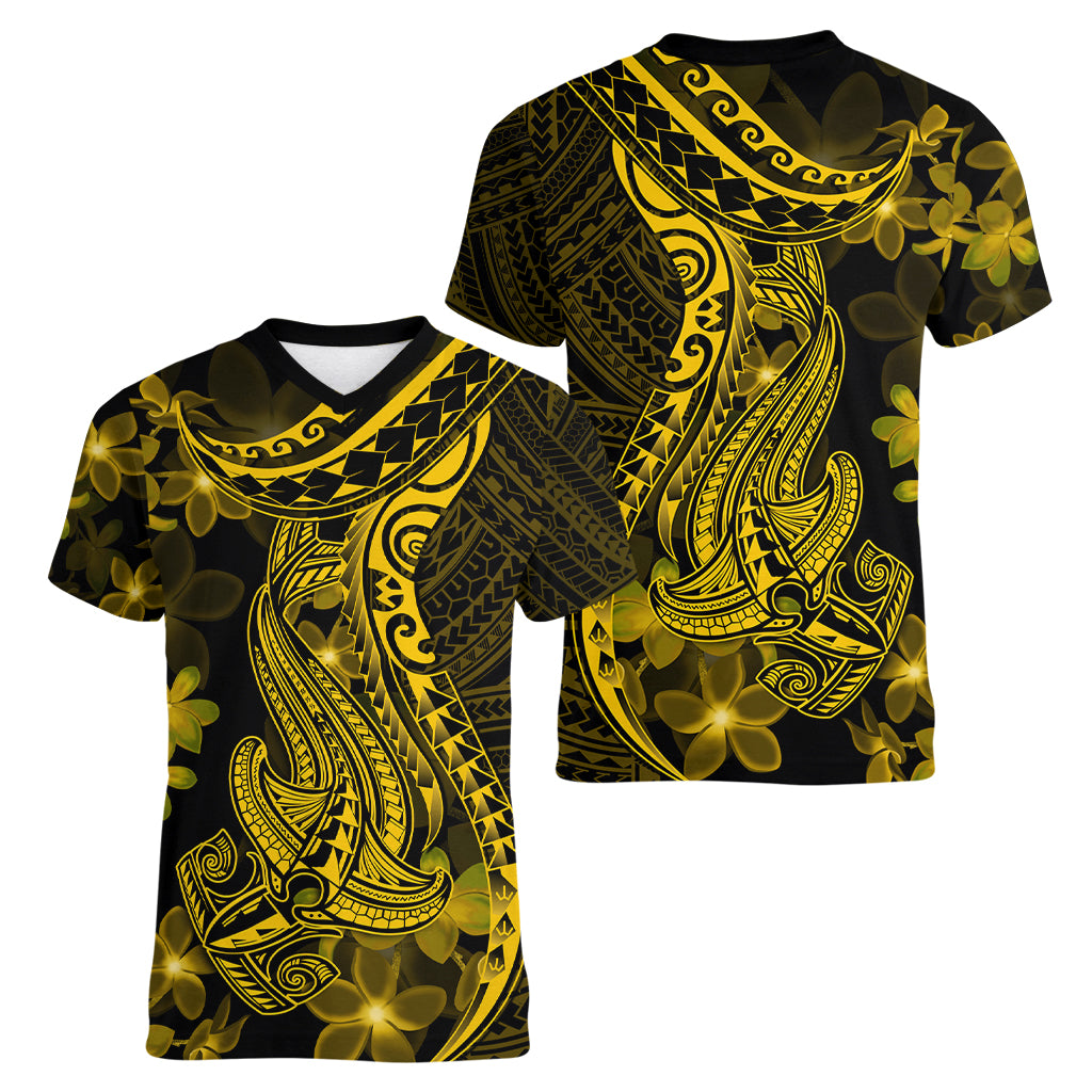 Gold Polynesia Shark Tattoo Women V Neck T Shirt With Polynesian Plumeria - Wonder Print Shop